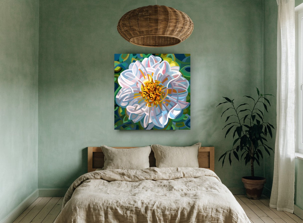 Ribbon Petal Bloom floral canvas print on the wall of a bedroom