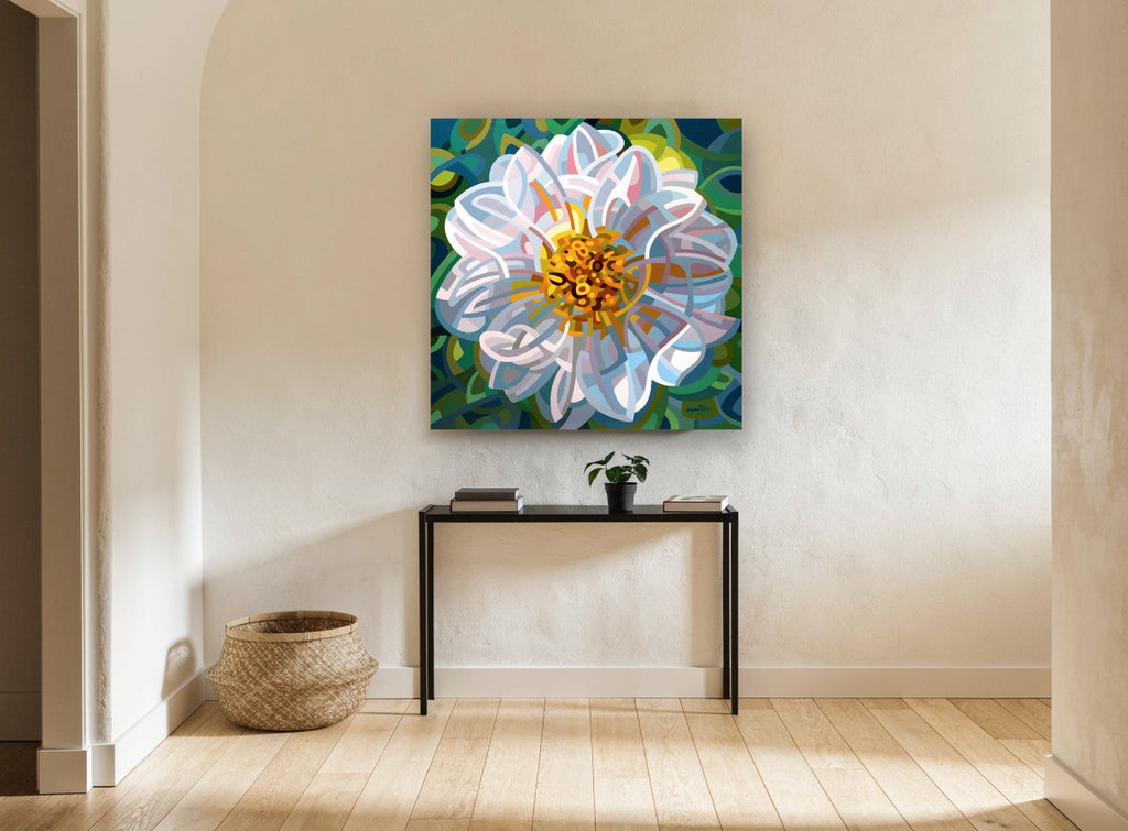 Ribbon Petal Bloom floral canvas print on the wall of a hallway