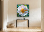 Ribbon Petal Bloom floral canvas print on the wall of a hallway