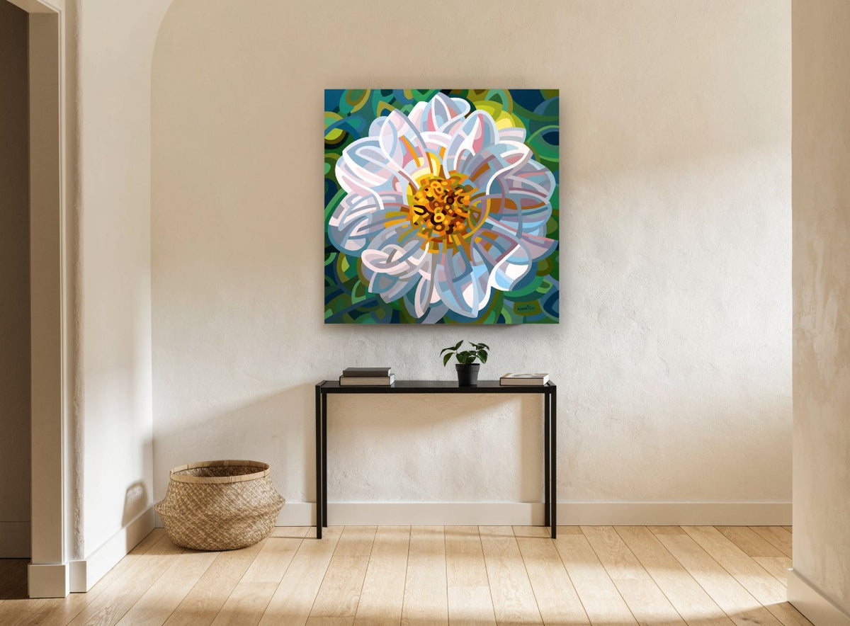 Ribbon Petal Bloom floral canvas print on the wall of a hallway