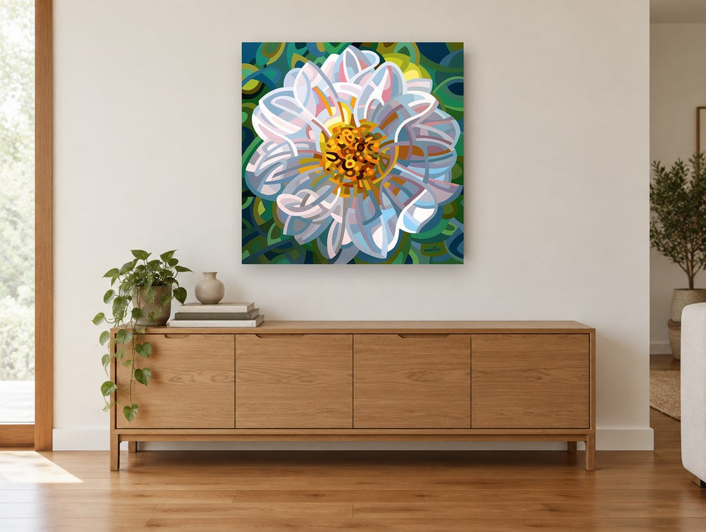 Ribbon Petal Bloom floral canvas print on the wall of a living room above a sideboard