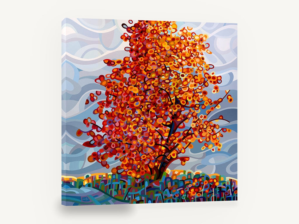 Ember Maple Gust, autumn tree abstract red orange painting, floral canvas wall art print ready to hang