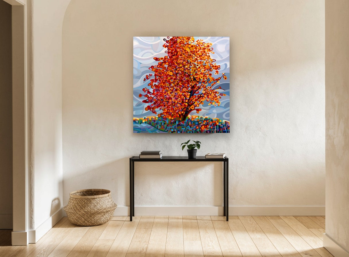 Ember Maple Gust floral canvas print on the wall of a hallway