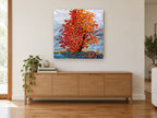 Ember Maple Gust floral canvas print on the wall of a living room above a sideboard