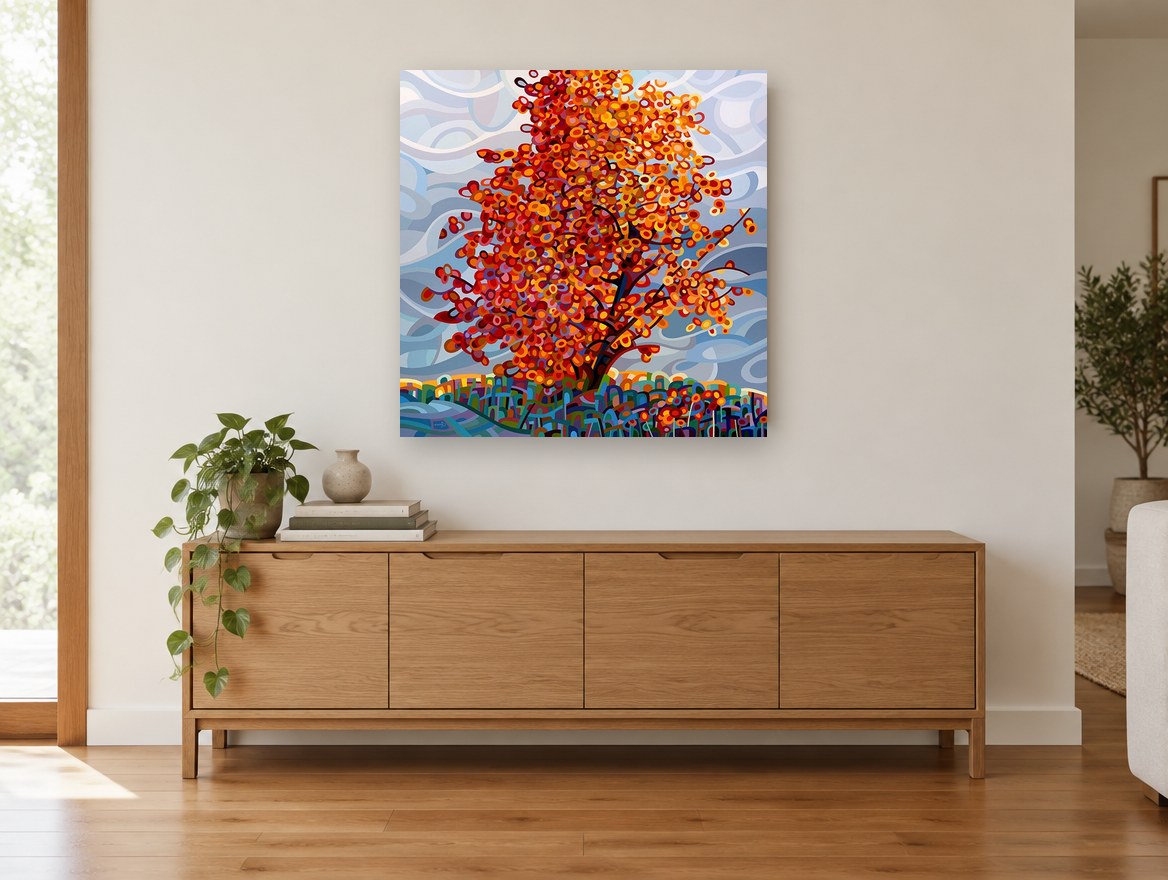 Ember Maple Gust floral canvas print on the wall of a living room above a sideboard
