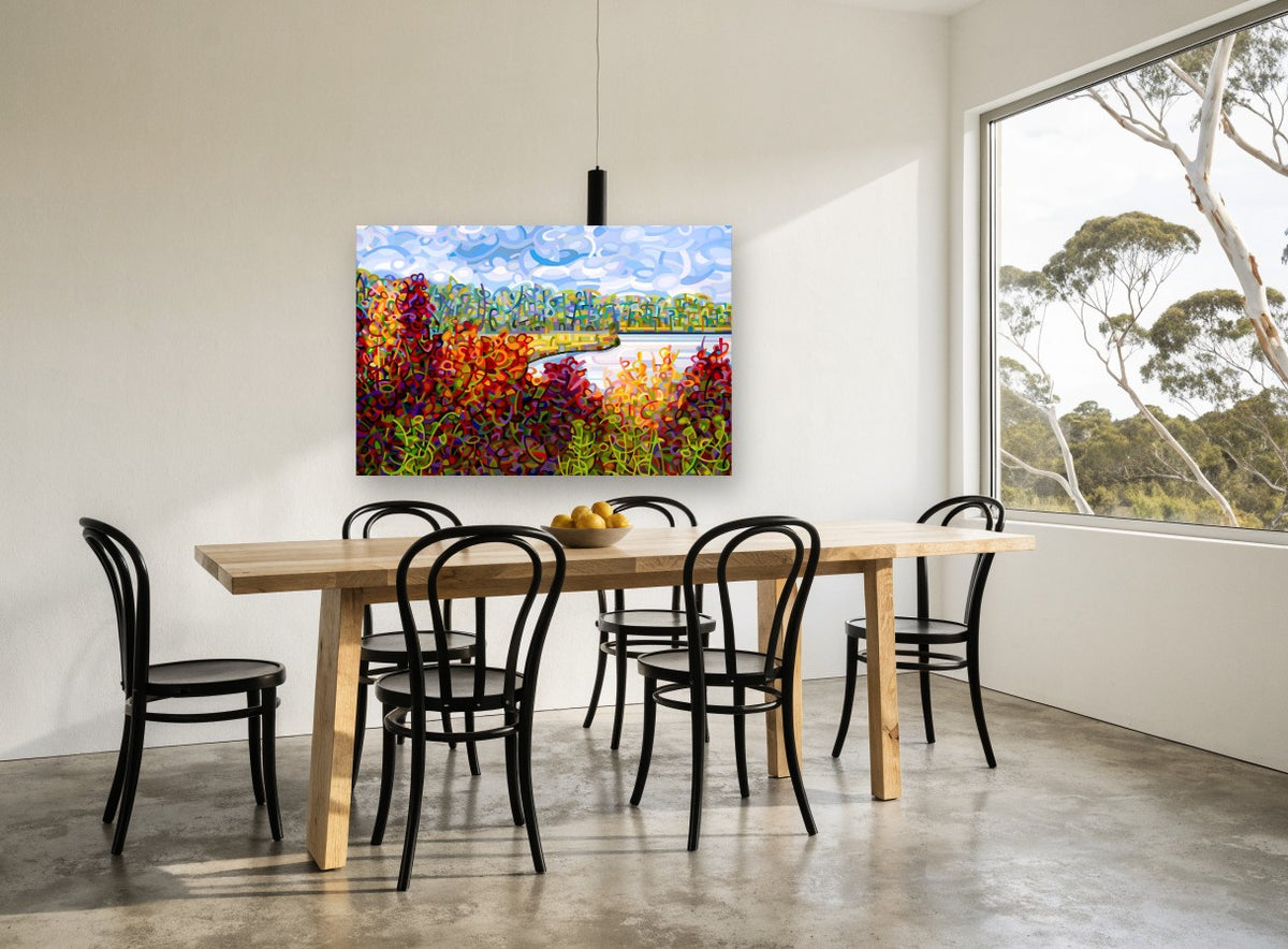 Ribbon Shore Autumn landscape canvas print on the wall of a dining room