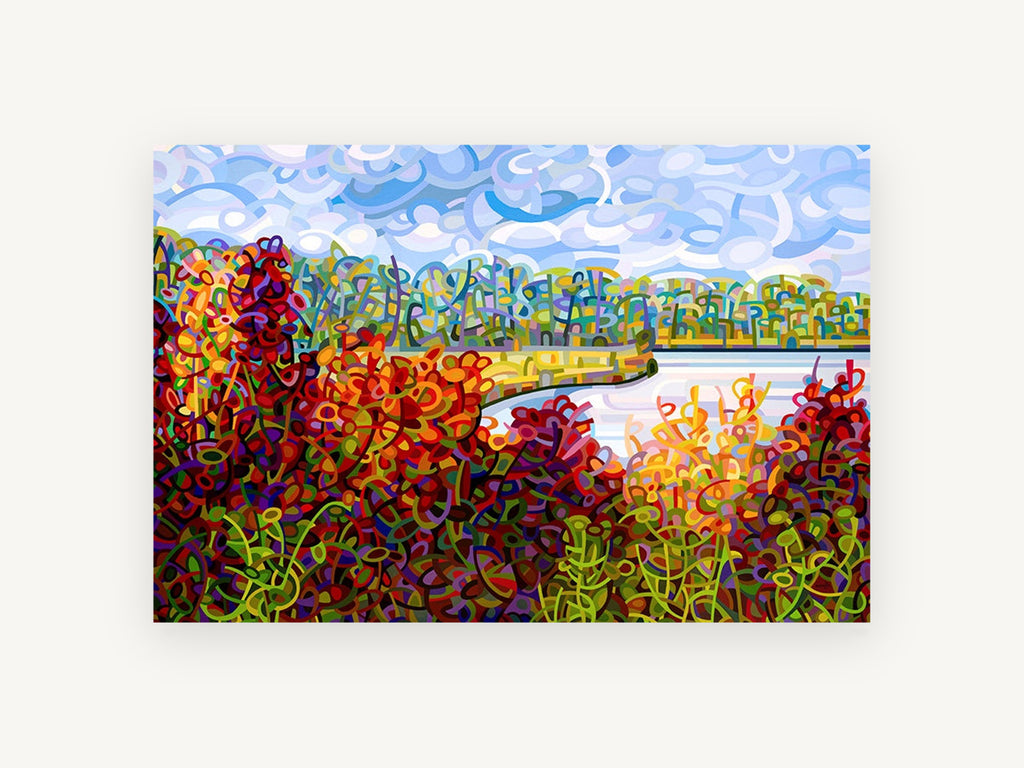 Ribbon Shore Autumn, autumn lake abstract landscape, landscape canvas wall art print, front view