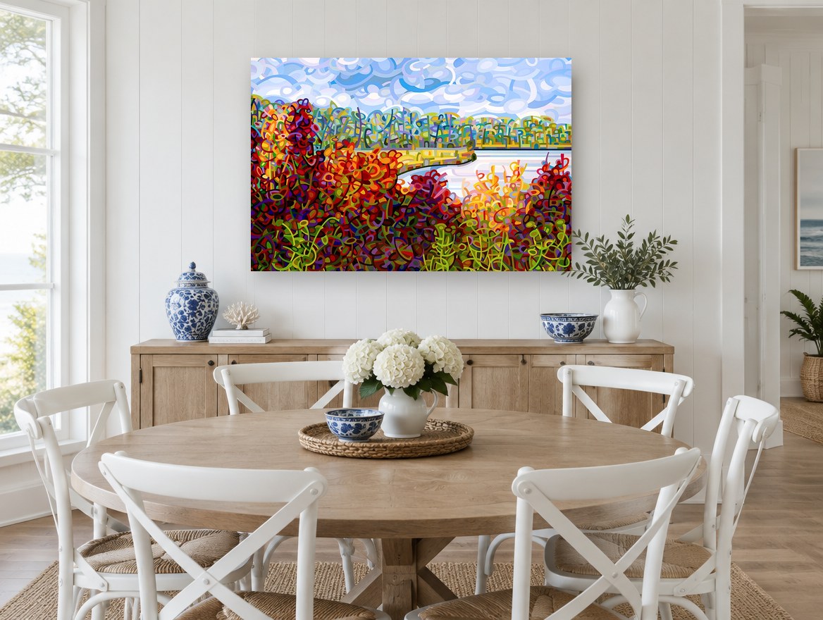 Ribbon Shore Autumn landscape canvas print on the wall of a Hamptons dining room