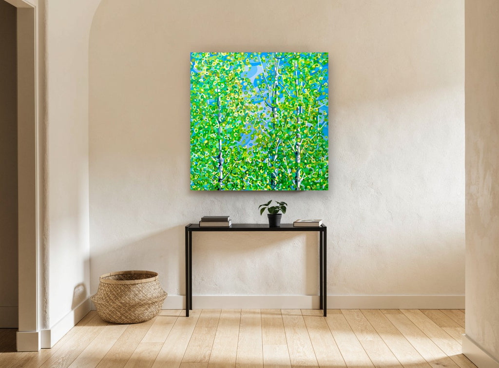 Aspen Canopy Bloom floral canvas print on the wall of a hallway