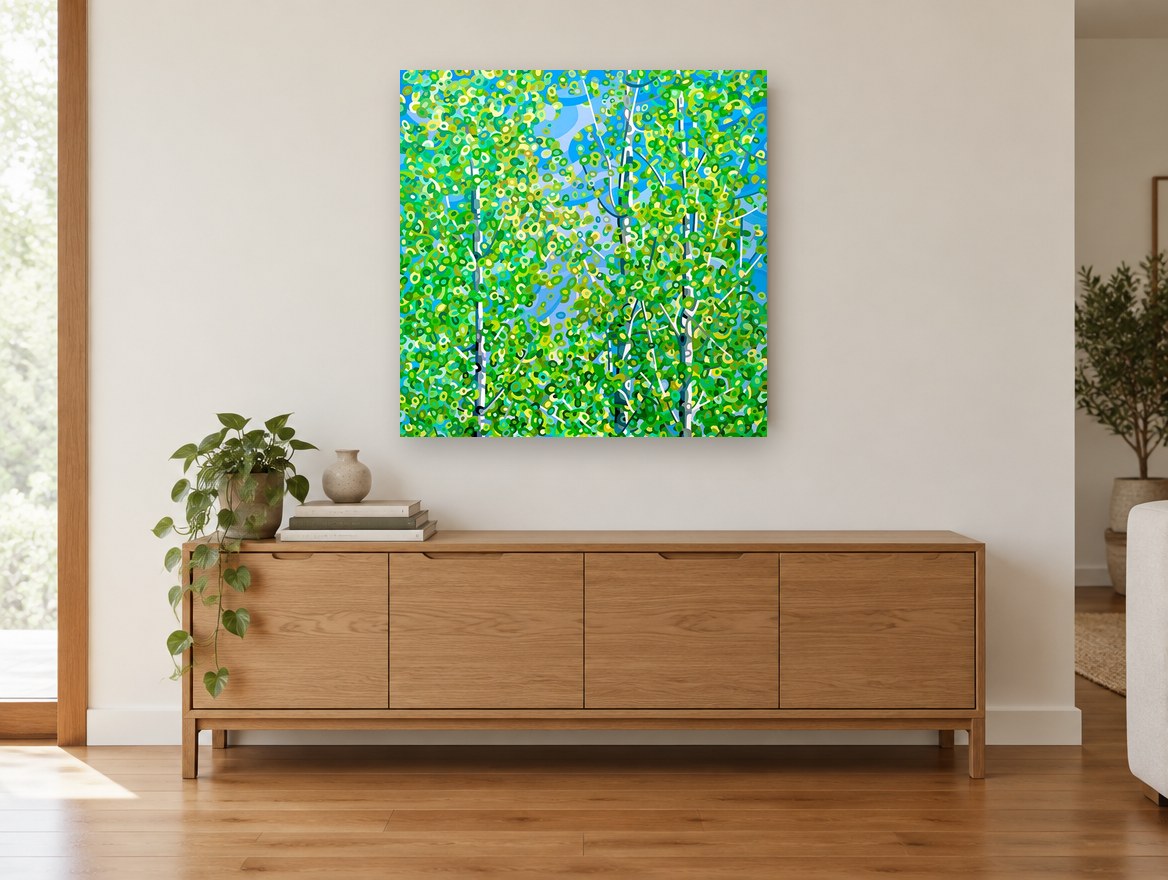 Aspen Canopy Bloom floral canvas print on the wall of a living room above a sideboard