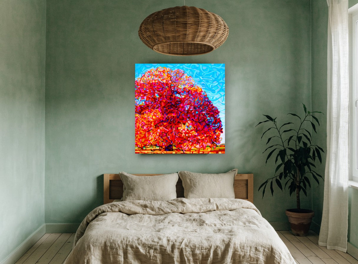 Crimson Ribbon Tree floral canvas print on the wall of a bedroom