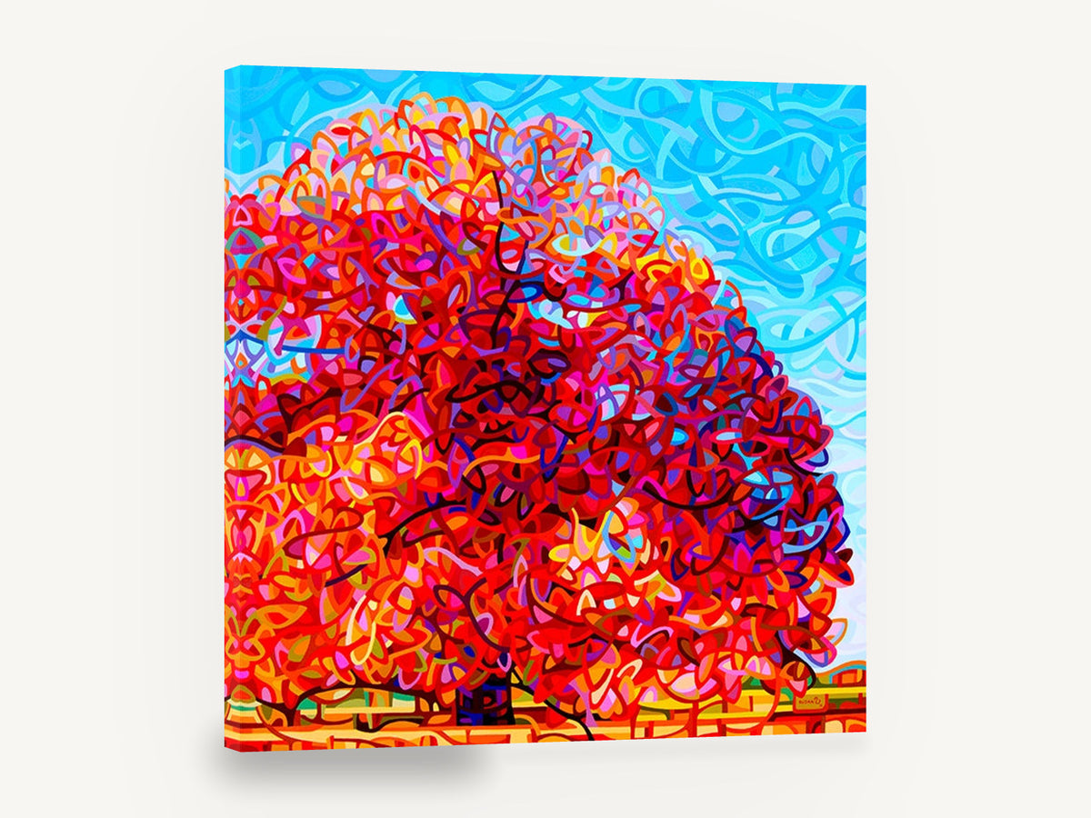 Crimson Ribbon Tree, red autumn tree abstract painting, floral canvas wall art print ready to hang