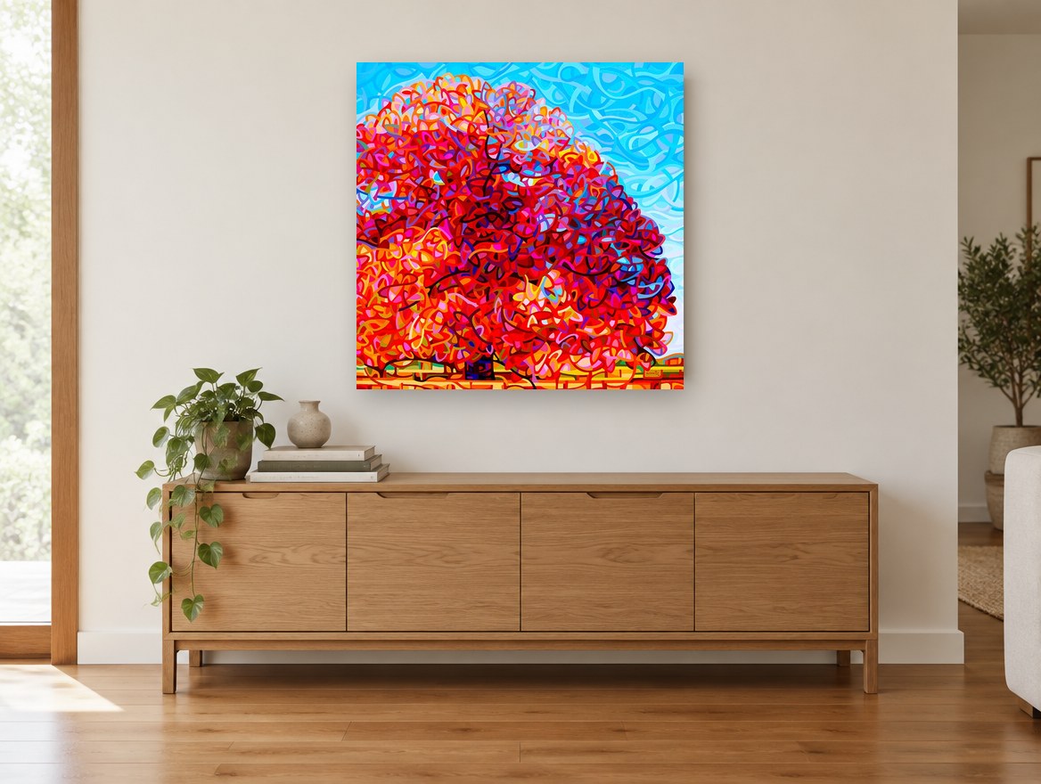 Crimson Ribbon Tree floral canvas print on the wall of a living room above a sideboard