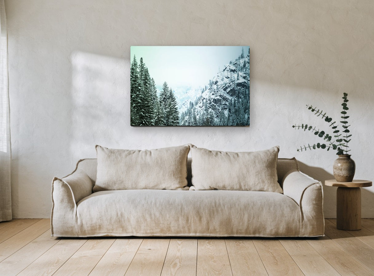 Frosted Pine Ridge landscape canvas print on the wall of a living room