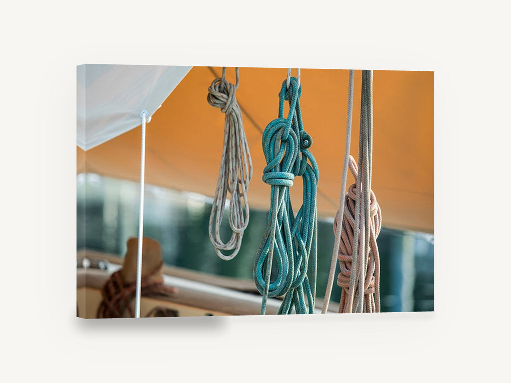 Coiled Lines Aloft, coiled sailing ropes photograph, coastal canvas wall art print ready to hang