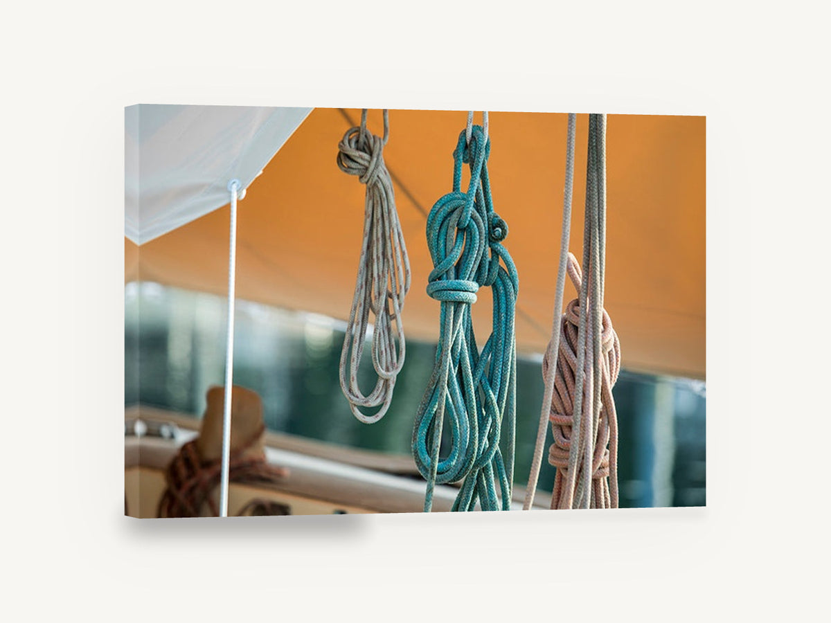Coiled Lines Aloft, coiled sailing ropes photograph, coastal canvas wall art print ready to hang