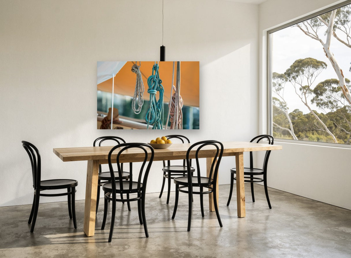 Coiled Lines Aloft coastal canvas print on the wall of a dining room