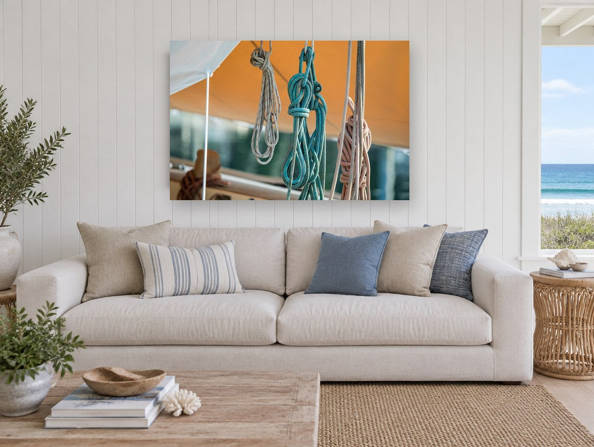 Coiled Lines Aloft coastal canvas print on the wall of a beach house living room