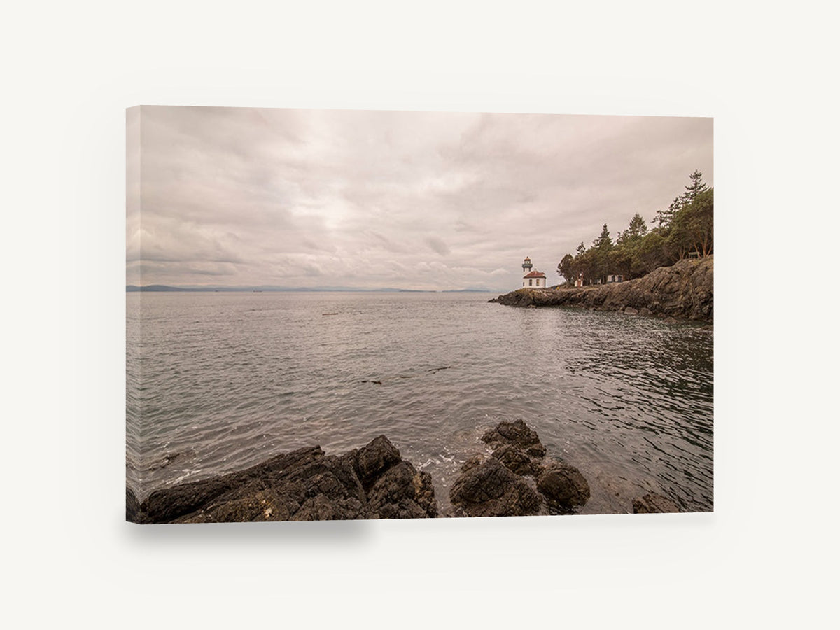 Quiet Point Light, lighthouse rocky shoreline seascape photograph, coastal canvas wall art print ready to hang