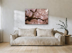 Blossom Canopy Overhead floral canvas print on the wall of a living room