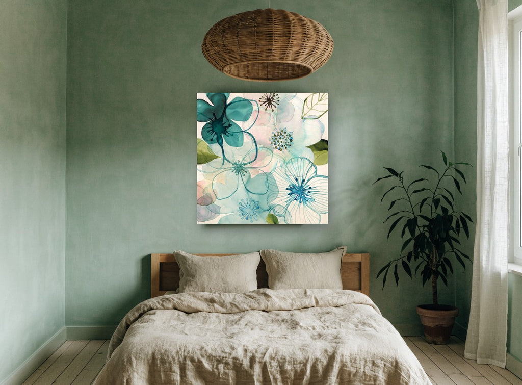 Teal Glass Blossoms floral canvas print on the wall of a bedroom