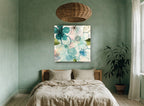 Teal Glass Blossoms floral canvas print on the wall of a bedroom
