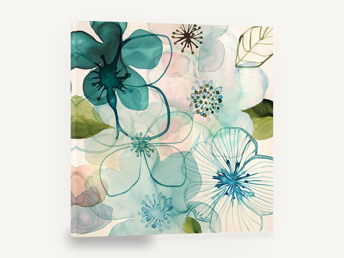 Teal Glass Blossoms, teal blossoms watercolour floral abstract, floral canvas wall art print ready to hang