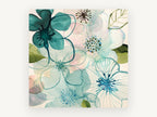 Teal Glass Blossoms, floral canvas wall art print, front view