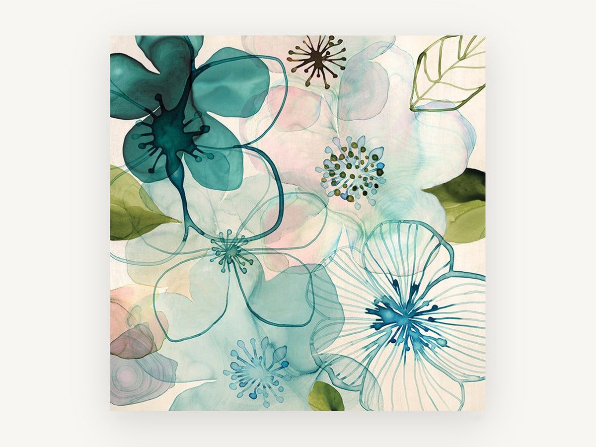 Teal Glass Blossoms, floral canvas wall art print, front view