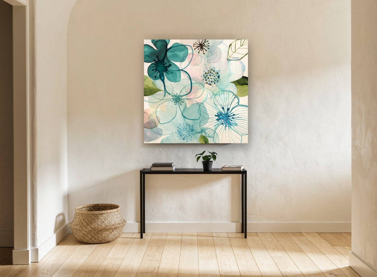 Teal Glass Blossoms floral canvas print on the wall of a hallway
