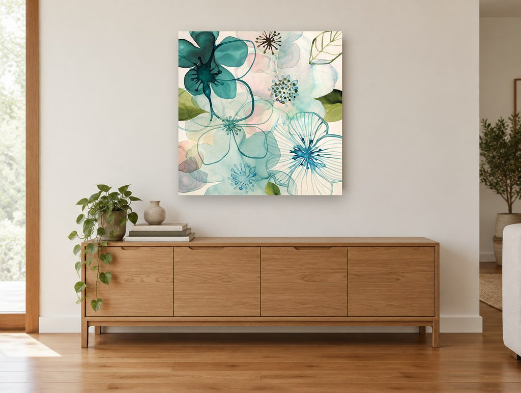 Teal Glass Blossoms floral canvas print on the wall of a living room above a sideboard
