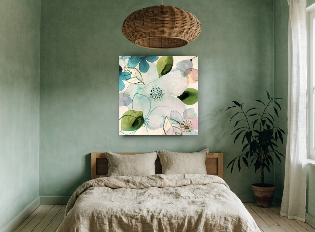 Translucent Teal Blossoms floral canvas print on the wall of a bedroom