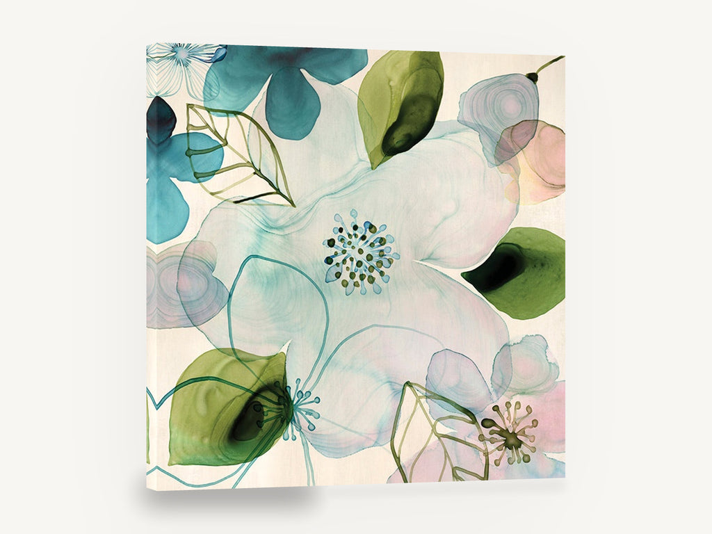Translucent Teal Blossoms, teal pink watercolour blossom floral, floral canvas wall art print ready to hang