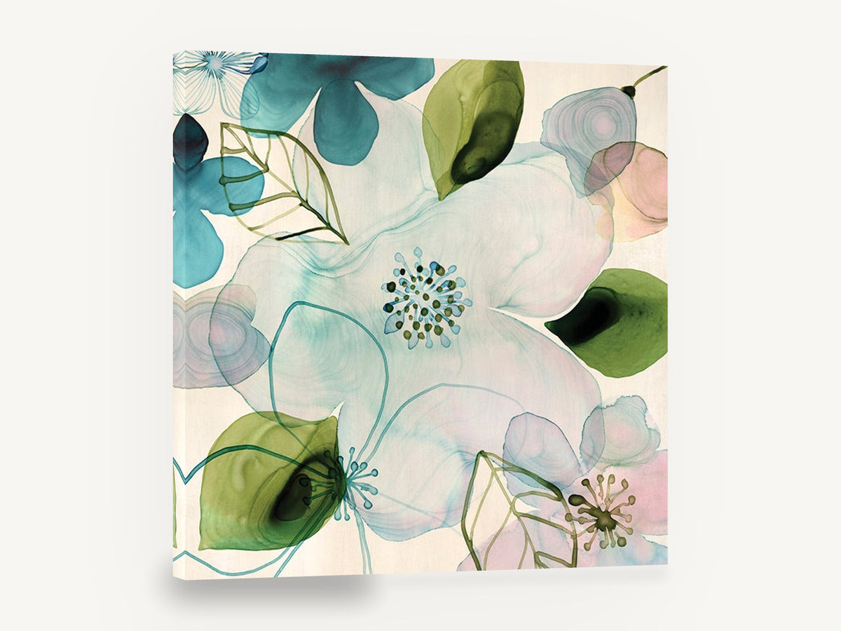 Translucent Teal Blossoms, teal pink watercolour blossom floral, floral canvas wall art print ready to hang