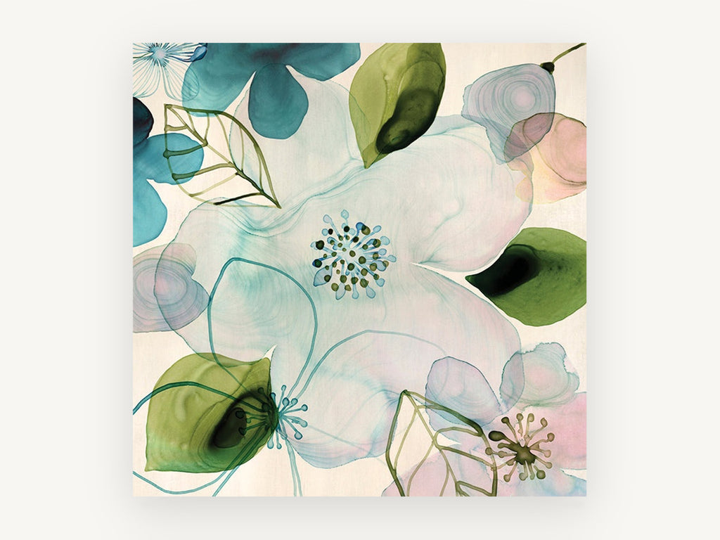 Translucent Teal Blossoms, floral canvas wall art print, front view