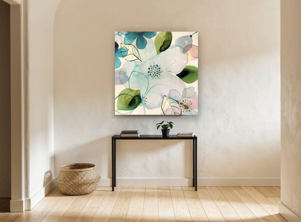 Translucent Teal Blossoms floral canvas print on the wall of a hallway