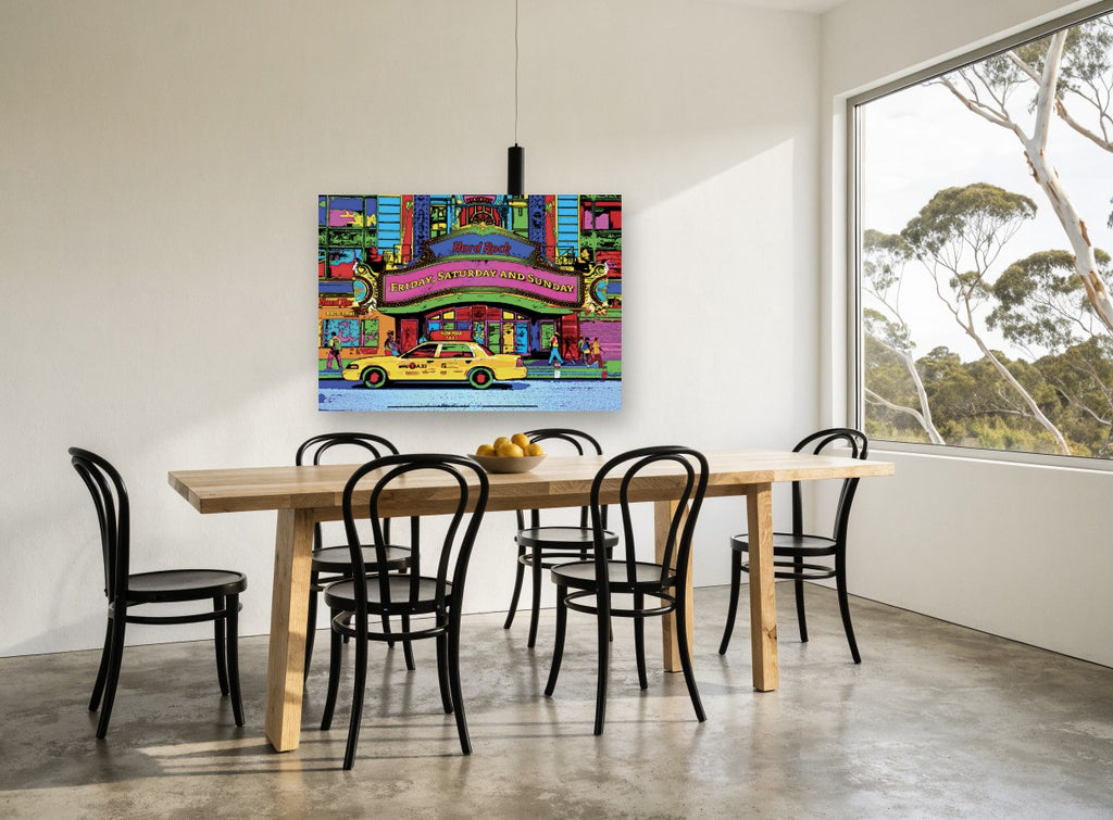 Neon Taxi Marquee kitchen canvas print on the wall of a dining room