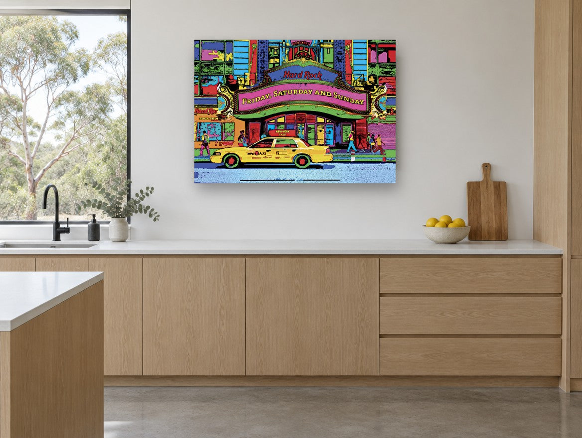 Neon Taxi Marquee kitchen canvas print on the wall of a kitchen