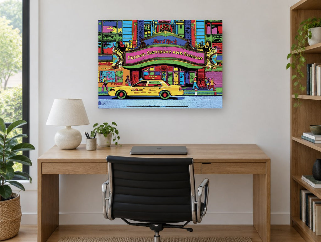 Neon Taxi Marquee kitchen canvas print on the wall of a study