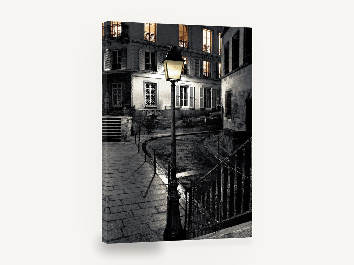 Lamplit Corner at Night, vintage paris night street photograph, stretched canvas wall art print ready to hang
