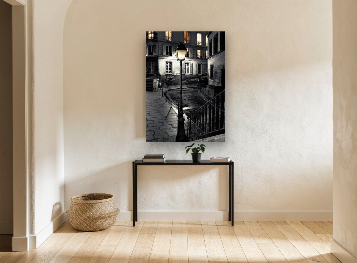Lamplit Corner at Night vintage canvas print on the wall of a hallway
