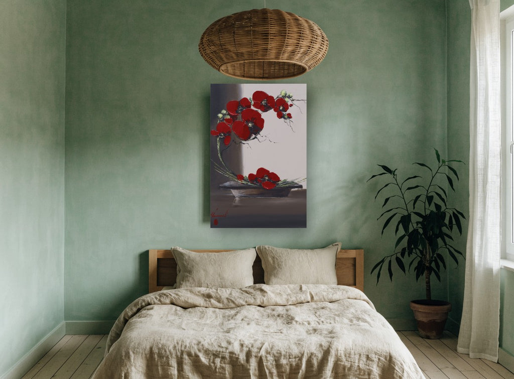 Crimson Arc Ikebana floral canvas print on the wall of a bedroom