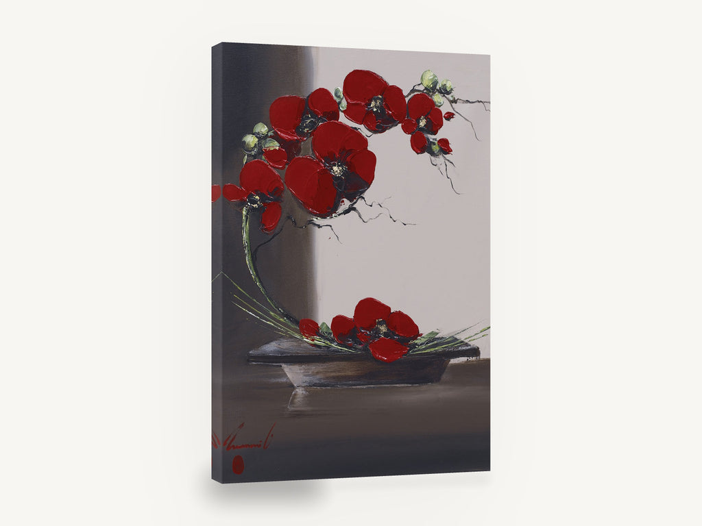 Crimson Arc Ikebana, red poppy ikebana arrangement painting, floral canvas wall art print ready to hang
