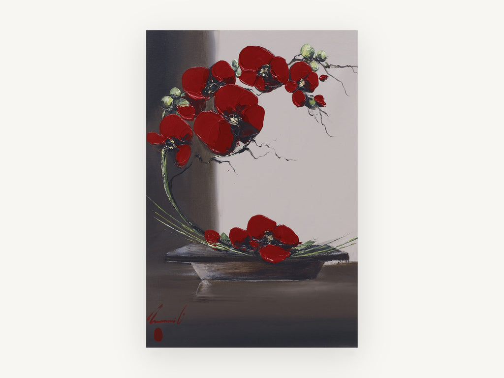 Crimson Arc Ikebana, floral canvas wall art print, front view