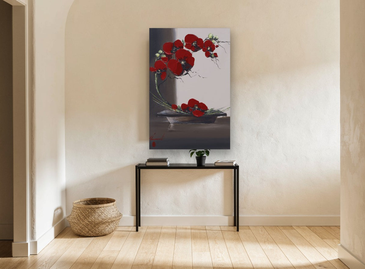 Crimson Arc Ikebana floral canvas print on the wall of a hallway