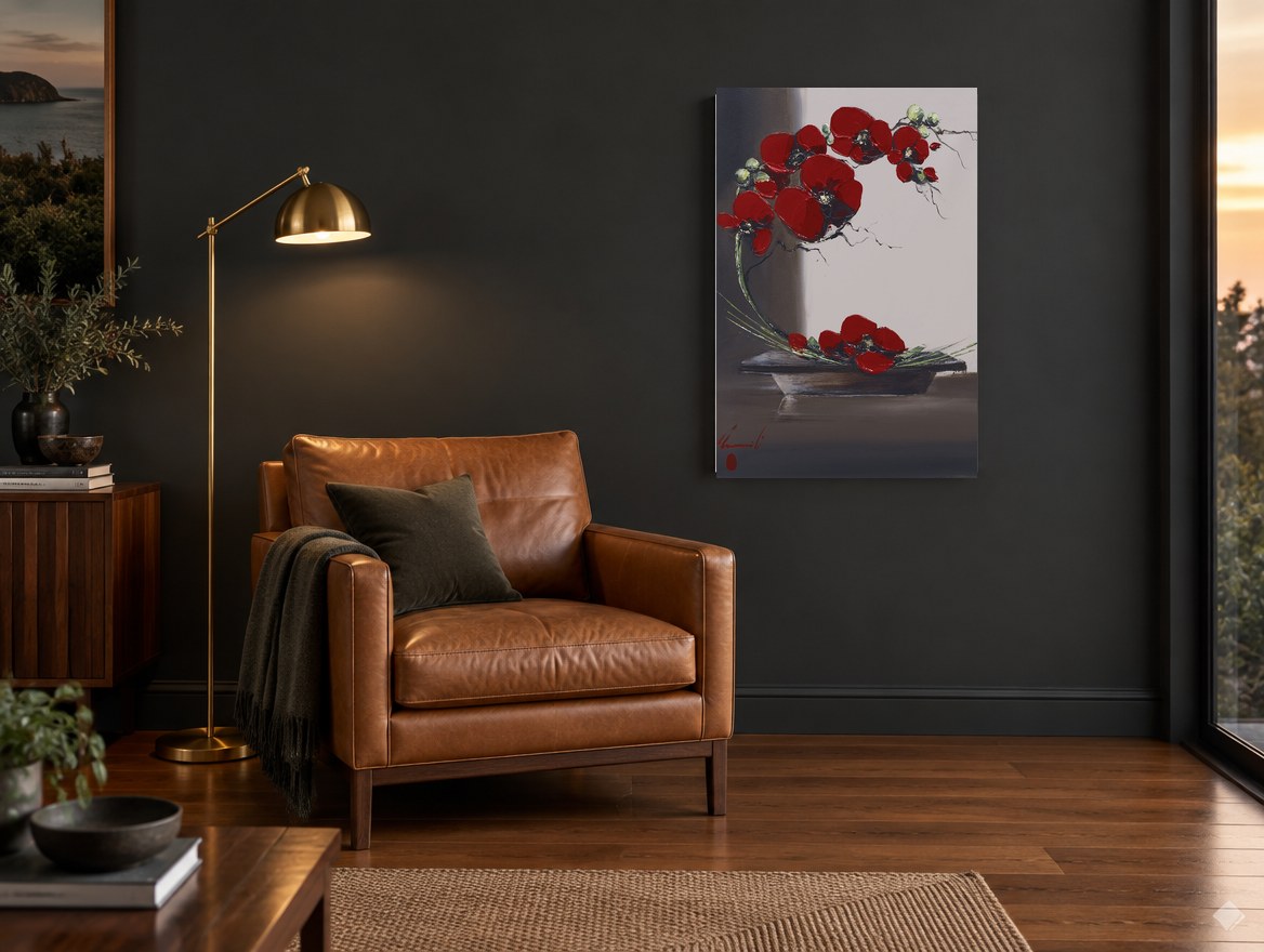 Crimson Arc Ikebana floral canvas print on the wall of a charcoal living room