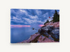 Beacon Reflections, lighthouse on rocky coast photograph, coastal canvas wall art print ready to hang