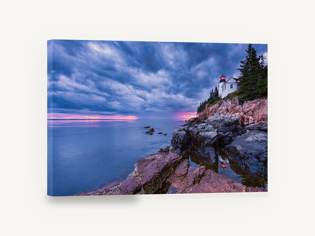 Beacon Reflections, lighthouse on rocky coast photograph, coastal canvas wall art print ready to hang