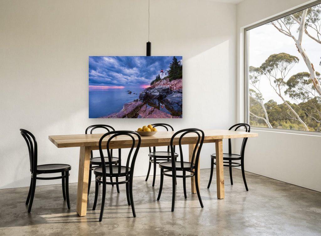 Beacon Reflections coastal canvas print on the wall of a dining room