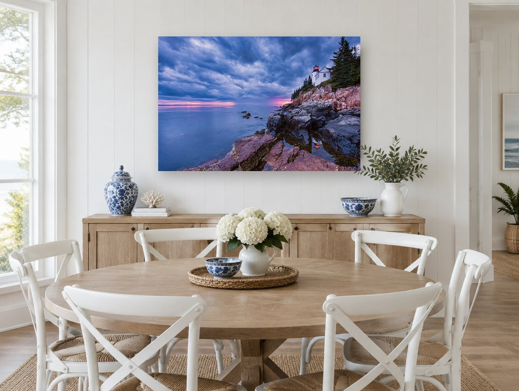 Beacon Reflections coastal canvas print on the wall of a Hamptons dining room